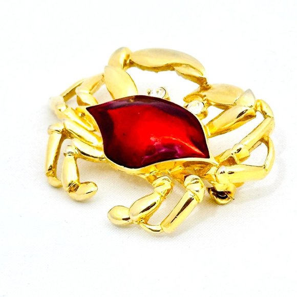 Crab Brooch Gold Tone w/Red Metallic Shell - Picture 2 of 6